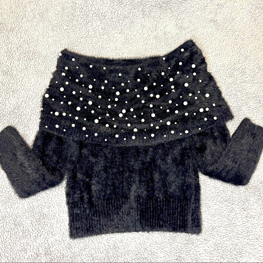Off Shoulder Pearl & Rhinestone Sweater!😍